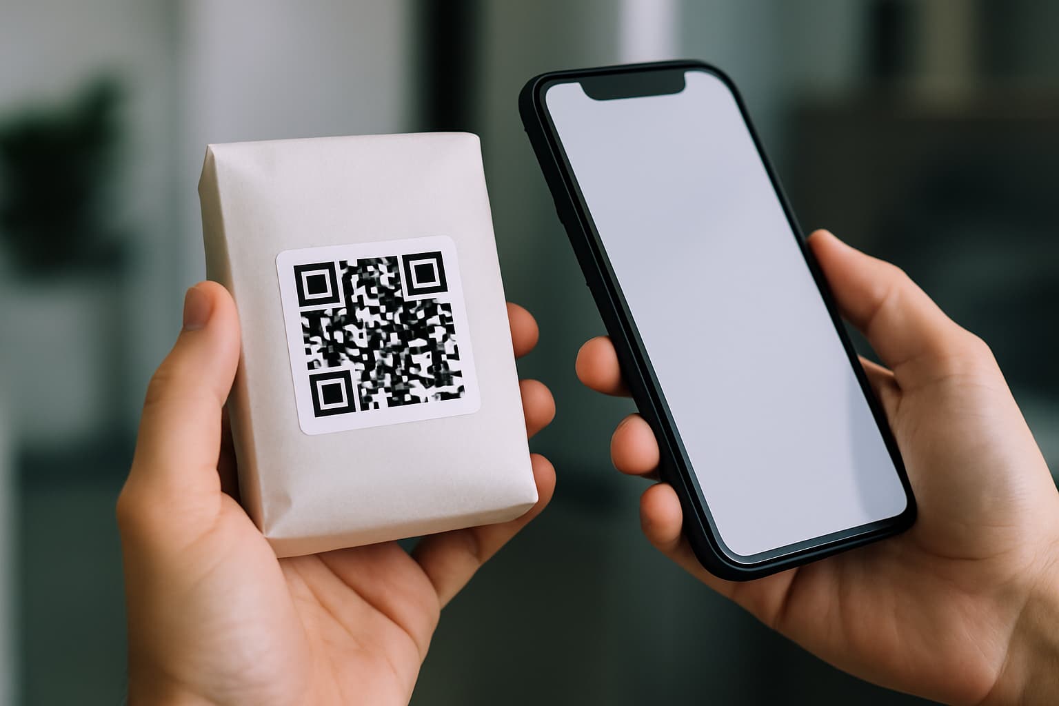 Una mano sostiene un paquete blanco Una mano sostiene un paquete blanco con un código QR claramente visible en el centro, mientras otra mano posiciona un smartphone negro frente al paquete, listo para escanear el código. El fondo está ligeramente desenfocado, con un ambiente moderno y profesional.