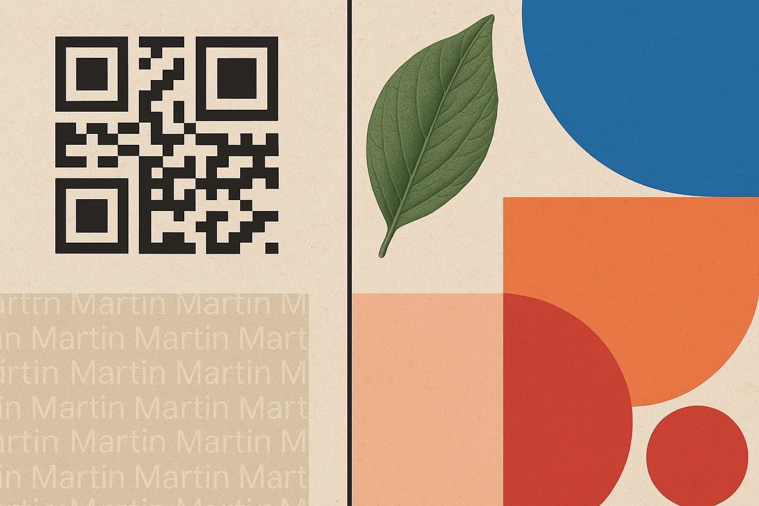 Composición visual abstracta y moderna Composición visual abstracta y moderna que integra cinco tendencias de diseño de packaging: un código QR negro sobre fondo texturizado beige, una hoja verde que sugiere sostenibilidad, figuras geométricas coloridas (círculo rojo, semicírculo naranja y cuadrado azul), un patrón repetitivo con el nombre "Martin" en tipografía clara, y una textura general que imita papel reciclado. La imagen está dividida en secciones bien equilibradas que representan cada tendencia de forma armónica.