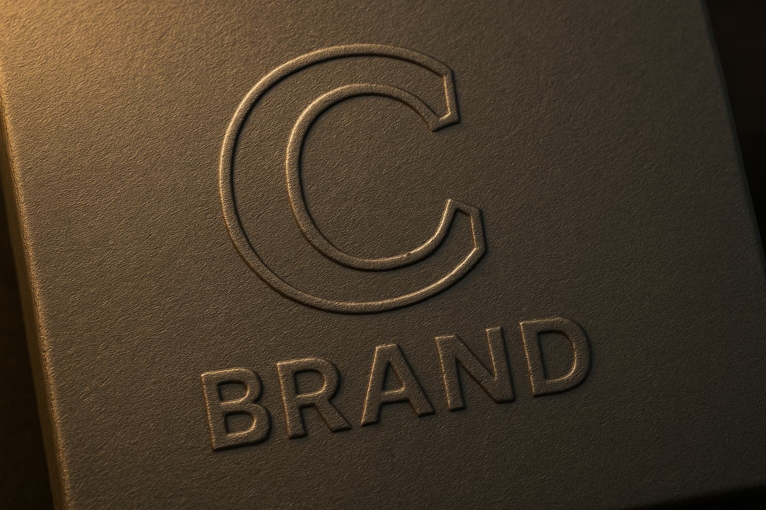 Primer plano de un empaque de cartón Primer plano de un empaque de cartón oscuro con textura fina, mostrando un logo en forma de letra “C” en relieve seco junto a la palabra “BRAND”. La luz lateral resalta la textura del material y la elevación del relieve, sugiriendo una presentación de alta calidad.