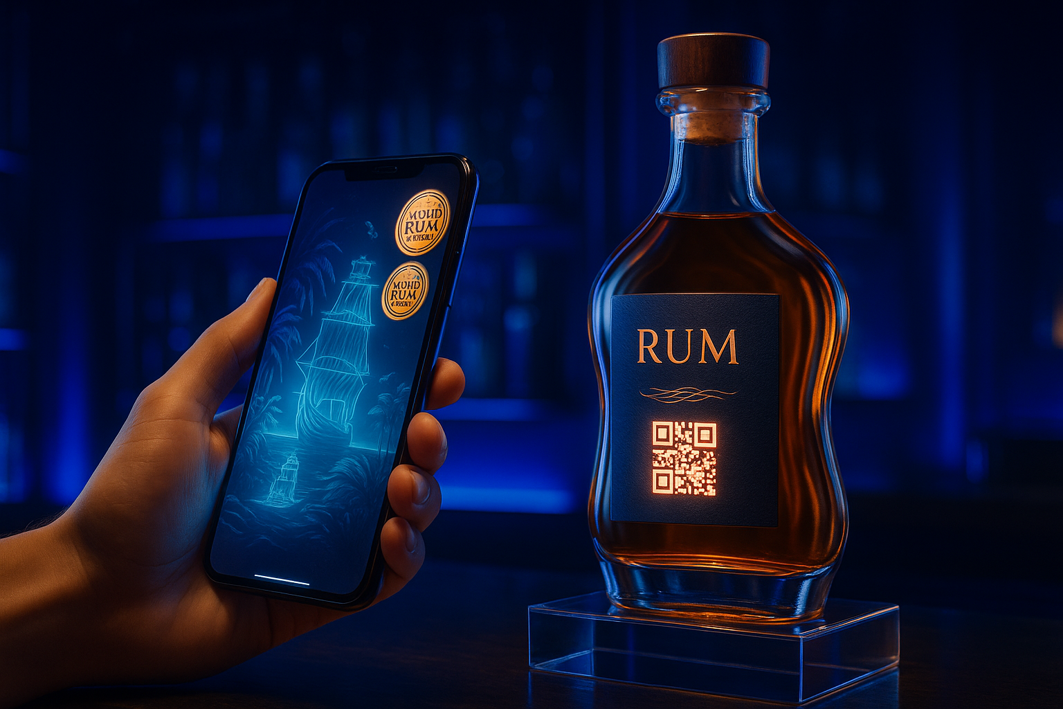 Barra moderna iluminada en azul Barra moderna iluminada en azul profundo; mano sostiene un smartphone que escanea un QR brillante en una botella de ron con foil oro rosa mientras la pantalla muestra realidad aumentada con medallas World Rum Awards