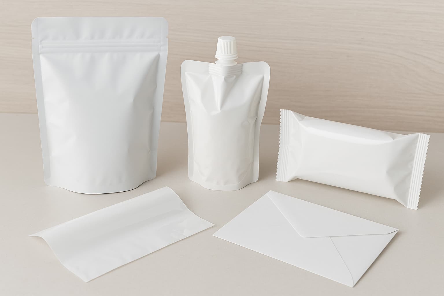 Conjunto de envases blancos minimalistas Conjunto de envases blancos minimalistas sobre una superficie beige, incluyendo una bolsa con cierre hermético, un pouch con tapa, un envoltorio tipo barra, una lámina plástica y un sobre, todos sin etiquetas ni marcas, ideales para diseño de empaque o presentación de productos.