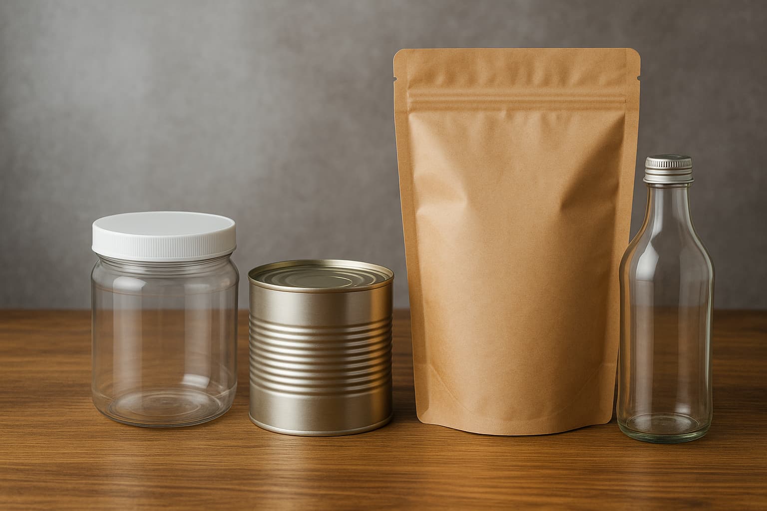 Cuatro tipos de envases reutilizables Cuatro tipos de envases reutilizables y reciclables alineados sobre una superficie de madera: un frasco plástico transparente con tapa blanca, una lata metálica, una bolsa kraft con cierre tipo ziploc y una botella de vidrio con tapa de rosca, todos sin etiquetas y listos para personalización o uso comercial.