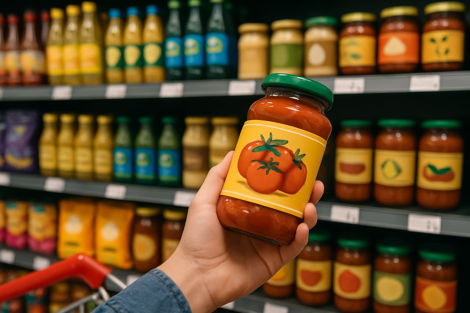 Persona sosteniendo un frasco de salsa Persona sosteniendo un frasco de salsa con una etiqueta colorida de tomates, en un pasillo de supermercado con estantes llenos de productos similares al fondo.
