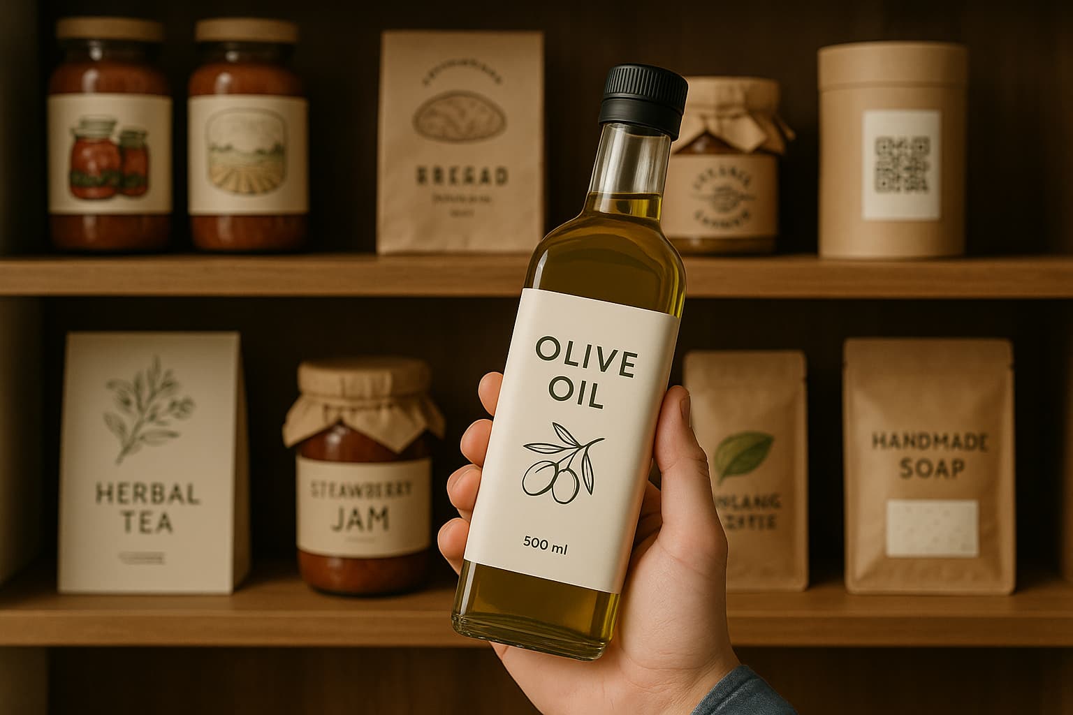 Mano sosteniendo una botella de aceite Mano sosteniendo una botella de aceite de oliva con una etiqueta minimalista, frente a una estantería con productos artesanales como mermeladas, té, pan y jabón hechos a mano.