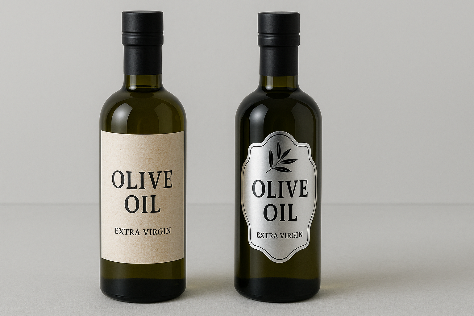dos botellas de aceite de oliva. La primera tiene una etiqueta de papel texturizado, dándole un aspecto rústico y artesanal. La segunda tiene una etiqueta autoadhesiva metalizada y con una forma troquelada compleja, proyectando una imagen premium y moderna dos botellas de aceite de oliva. La primera tiene una etiqueta de papel texturizado, dándole un aspecto rústico y artesanal. La segunda tiene una etiqueta autoadhesiva metalizada y con una forma troquelada compleja, proyectando una imagen premium y moderna
