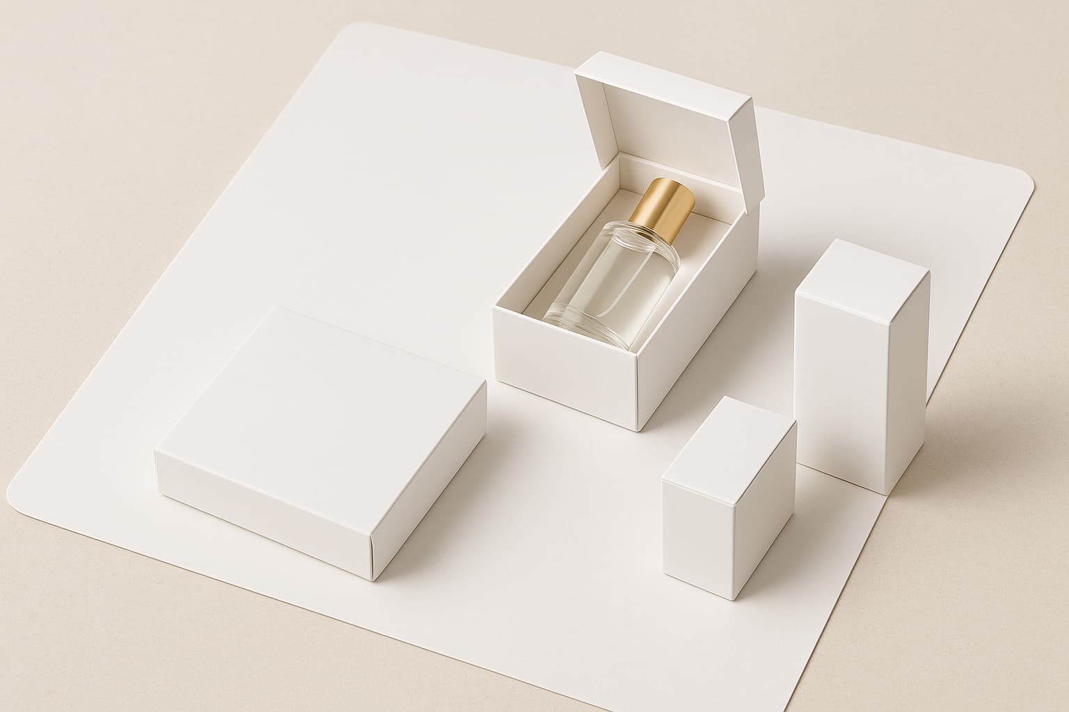Envases de cartón blanco tipo SBS exhibidos sobre una superficie beige, incluyendo una caja abierta con frasco de perfume, una caja de chocolates cerrada y cajas verticales representando empaques farmacéuticos y electrónicos, destacando la blancura, pureza y versatilidad del material.
