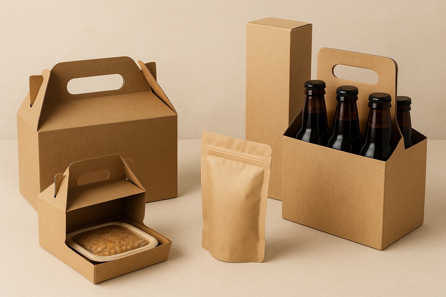Envases de cartón kraft natural dispuestos sobre una superficie beige, incluyendo una caja abierta con comida congelada, una caja tipo gable grande, un paquete de seis botellas y una bolsa stand-up, destacando la resistencia, apariencia ecológica y versatilidad del material.