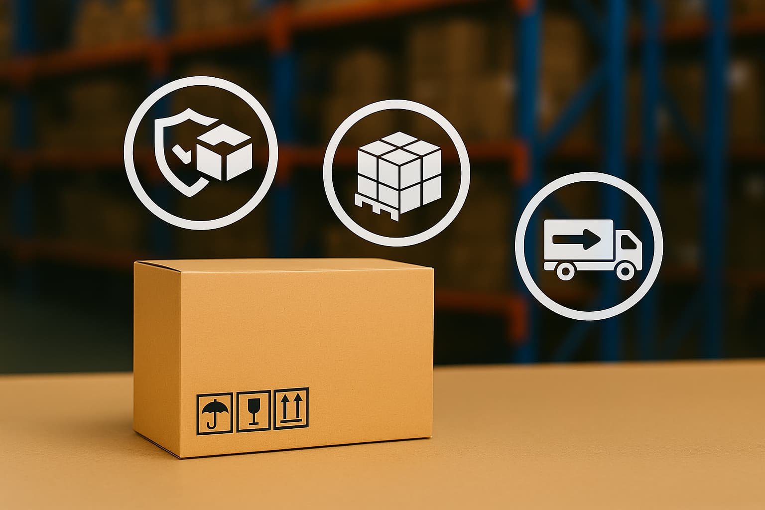 Imagen de una caja de cartón Imagen de una caja de cartón sobre una superficie lisa en un almacén, con tres íconos flotando: un escudo con caja (protección del producto), un palet con cajas apiladas (eficiencia de almacenamiento) y un camión en movimiento (optimización del transporte). Al fondo, estanterías industriales desenfocadas.