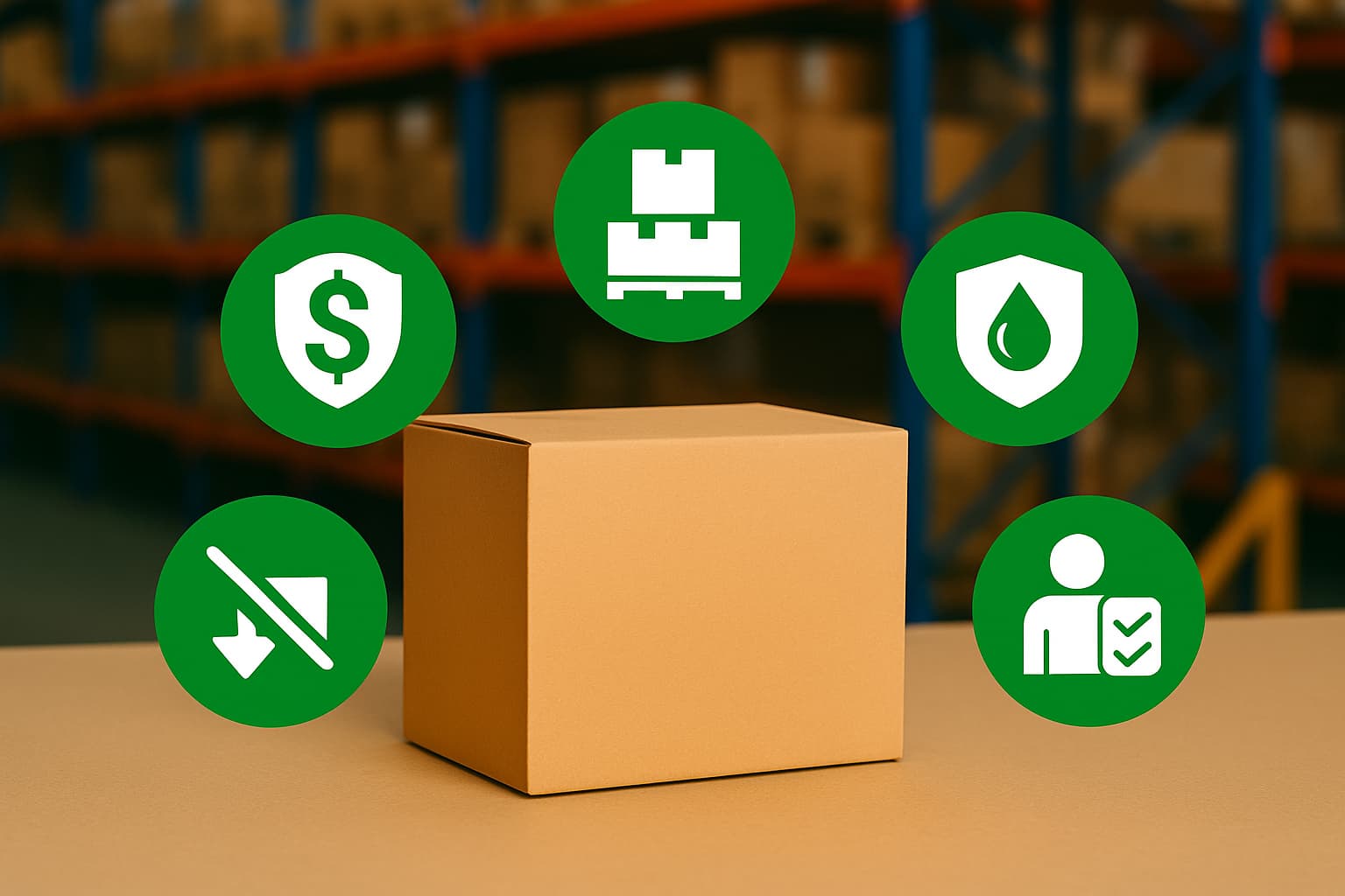 Imagen de una caja de cartón en primer plano, rodeada por cuatro íconos Imagen de una caja de cartón en primer plano, rodeada por cuatro íconos circulares verdes que representan reducción de costos, optimización del espacio en palets, protección contra daños y mejora en la productividad. Al fondo, estanterías industriales con cajas desenfocadas en un almacén