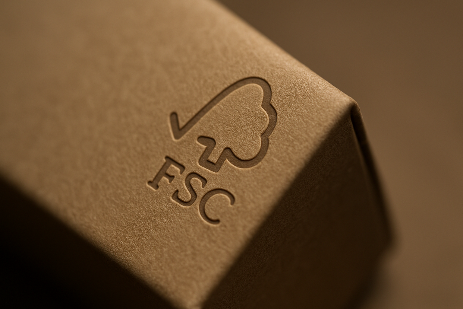 El foco está puesto en el logo del FSC (Forest Stewardship Council) impreso o grabado sutilmente sobre la textura del cartón