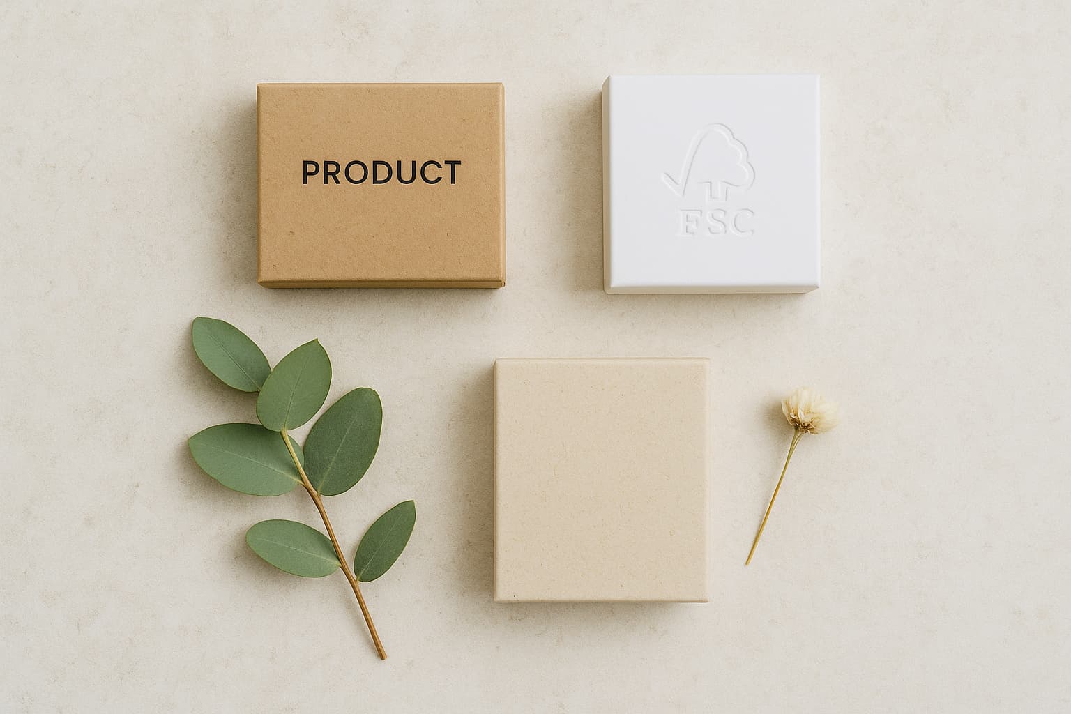 Vista cenital de tres cajas de cartón Vista cenital de tres cajas de cartón pequeñas dispuestas sobre una superficie clara tipo piedra. A la izquierda, una caja de cartón kraft con la palabra “PRODUCT”; en el centro superior, una caja blanca con el logo FSC® grabado; y en la parte inferior, una caja beige con textura biodegradable. Acompañan la escena una rama de eucalipto a la izquierda y una flor seca a la derecha, transmitiendo una estética natural, sostenible y elegante.