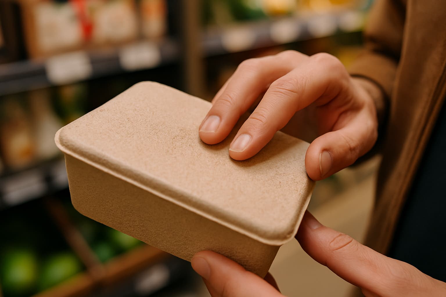 Close-up de la mano de una persona Close-up de la mano de una persona tocando la superficie de un empaque sostenible de cartón en una tienda. Los dedos rozan suavemente la textura rugosa del material, destacando la experiencia táctil. Al fondo, desenfocado, se perciben estantes con productos, creando un ambiente de mercado o supermercado. La imagen transmite la conexión sensorial y la decisión de compra basada en la calidad del empaque ecológico.