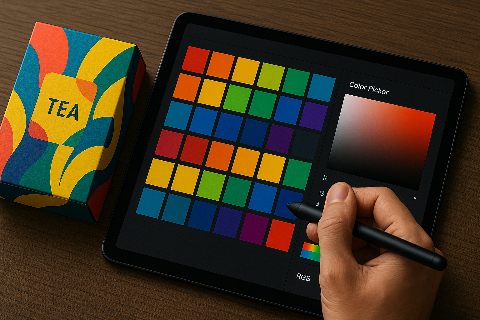 Un primer plano de la mano de un diseñador gráfico utilizando un cuentagotas Un primer plano de la mano de un diseñador gráfico utilizando un cuentagotas digital en una tableta para seleccionar un color de una paleta vibrante. Al lado de la tableta, hay un empaque físico de un producto