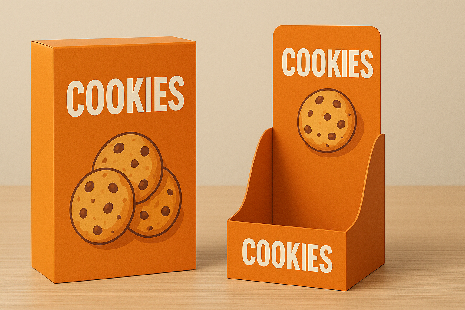 Una Caja de galletas con su empaque POP Una imagen que muestra la coherencia de marca. Se ve un empaque de producto (ej. una caja de galletas) y junto a él, un mini exhibidor de mostrador que usa exactamente los mismos colores, tipografía y elementos gráficos. La imagen transmite armonía y una identidad de marca sólida.
