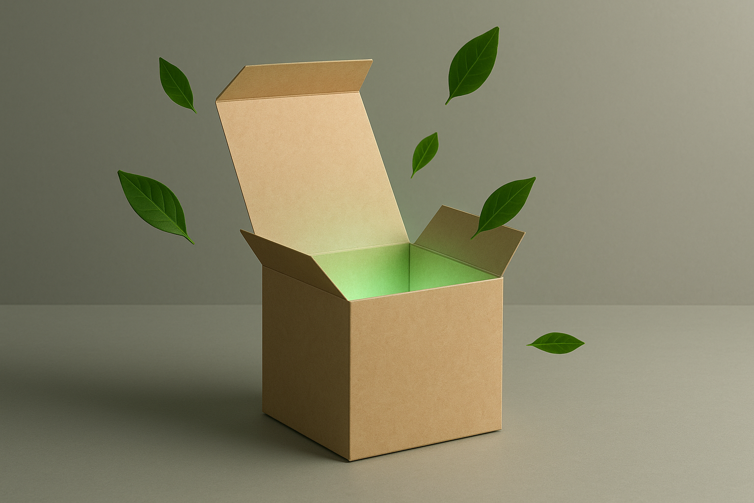Una caja de cartón de diseño moderno se abre y de su interior emana una luz verde suave