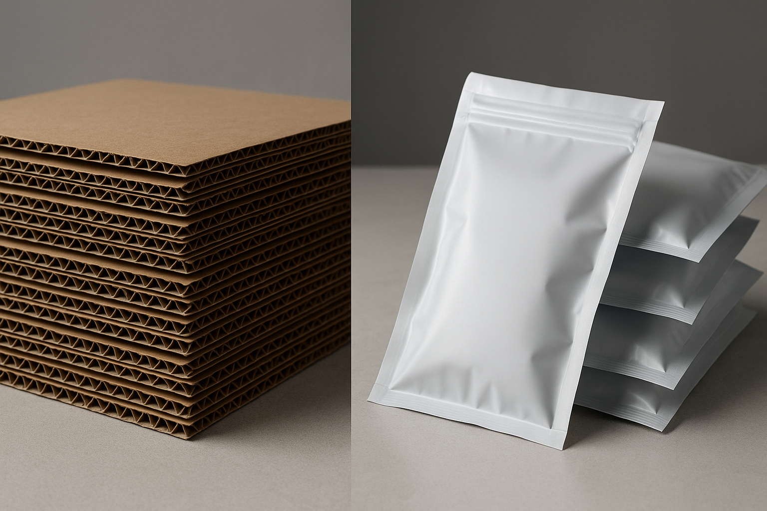 Una imagen conceptual que muestra de cerca la textura y las capas de diferentes materiales de empaque Una imagen conceptual que muestra de cerca la textura y las capas de diferentes materiales de empaque