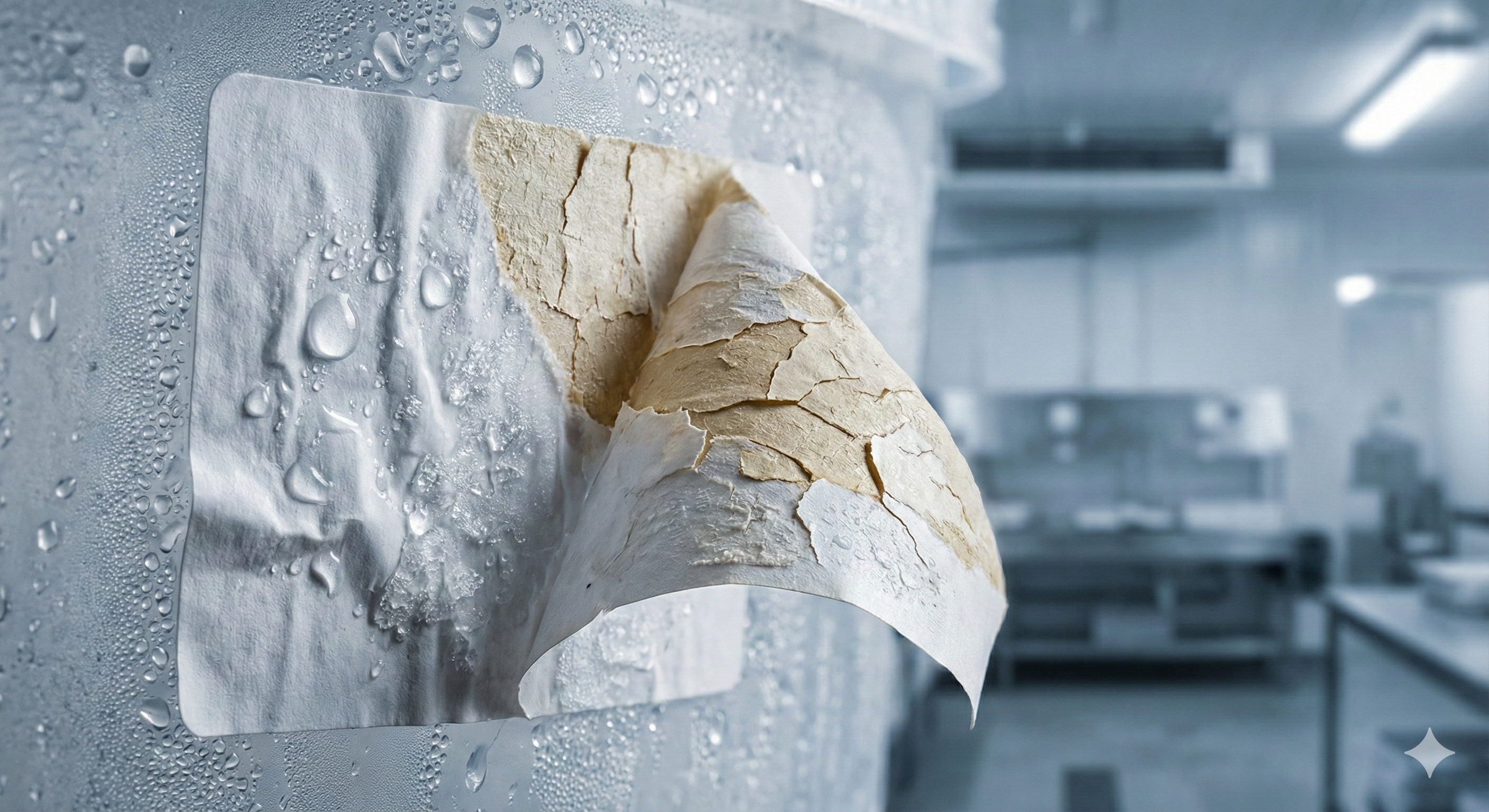 Etiqueta adhesiva deteriorada y parcialmente despegada sobre superficie fría con condensación, mostrando daños por humedad y bajas temperaturas en ambiente industrial de refrigeración – Padilla S.A.