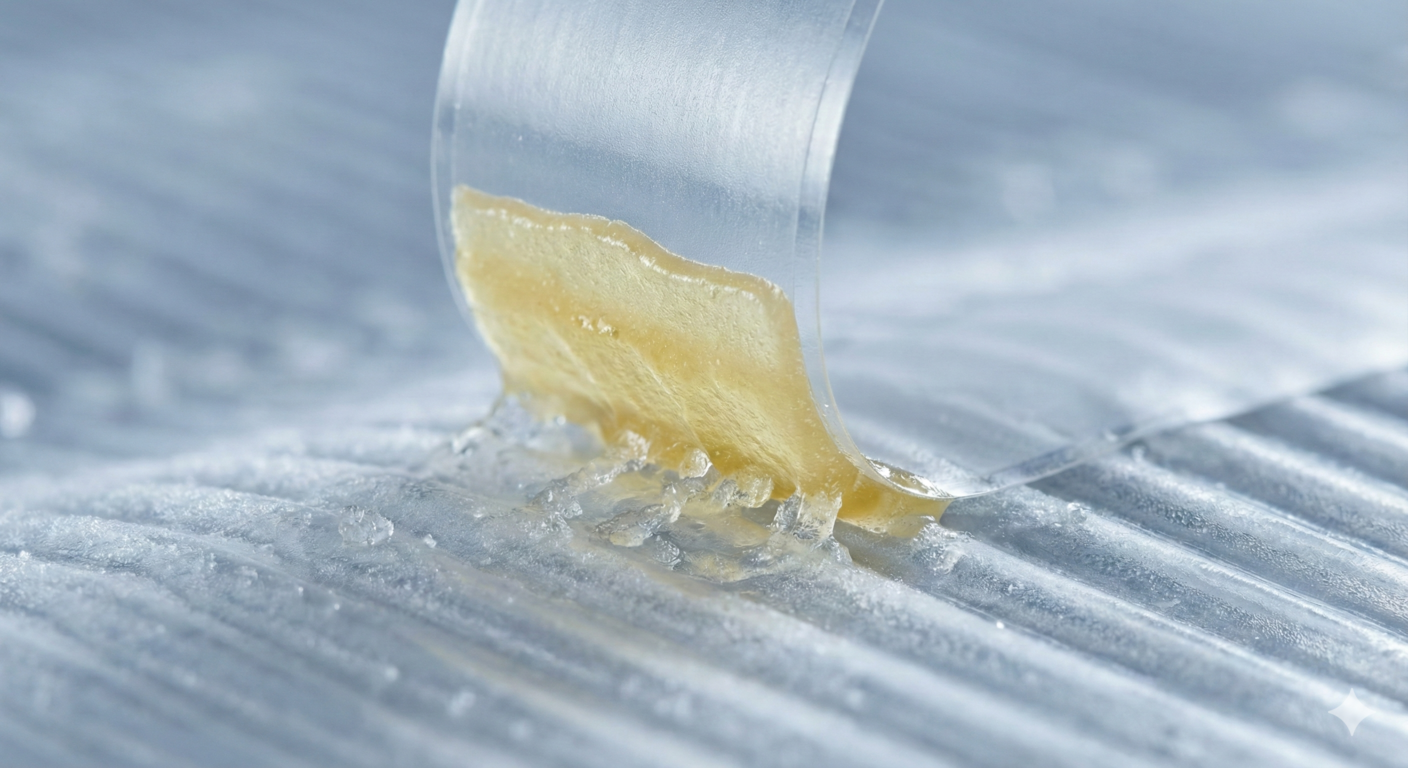 Primer plano de residuo de adhesivo amarillento adherido a una superficie congelada, evidenciando falla de adhesión en condiciones de frío extremo y humedad – Padilla S.A.