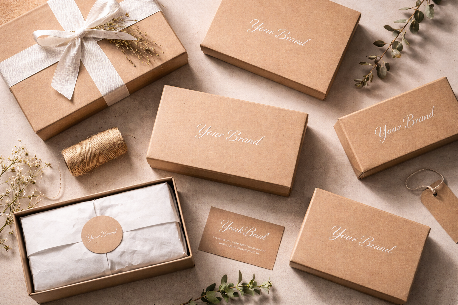Conjunto de cajas de cartón kraft personalizadas con branding en blanco, papel seda, cuerda natural y detalles botánicos, representando empaque sostenible y ecológico. El "Unboxing" Perfecto