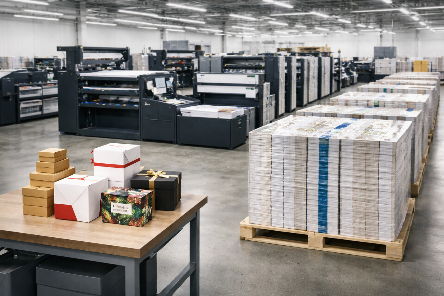 Planta industrial de impresión con maquinaria offset en operación, pallets de papel apilados y mesa de trabajo con cajas de cartón corrugado y empaques terminados listos para producción. Costo de Empaques