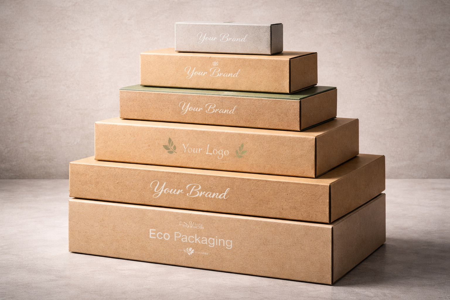 Pila escalonada de cajas de cartón kraft personalizadas en distintos tamaños, con impresión blanca y diseño minimalista, representando empaque ecológico y sostenible. Empaques Sostenibles