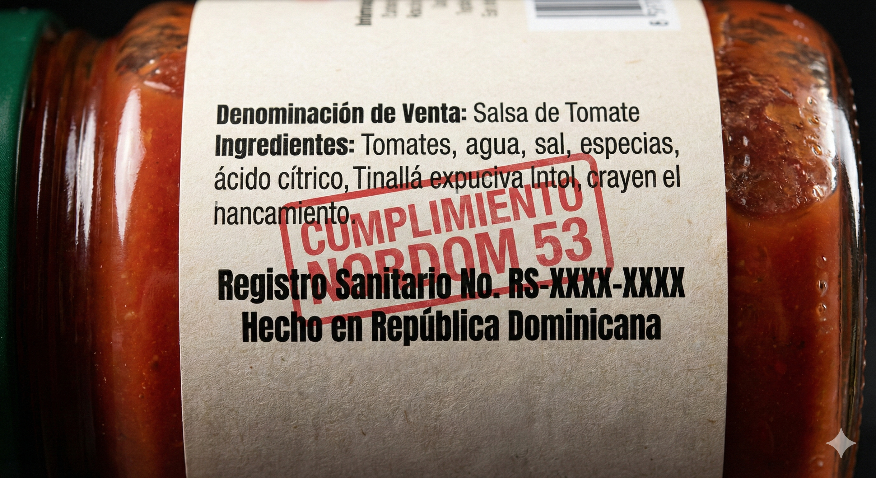 Etiqueta de salsa de tomate con información obligatoria de ingredientes, registro sanitario y país de origen, mostrando ejemplo de rotulado conforme a normativa alimentaria en República Dominicana – Padilla S.A.. Normativa NORDOM 53 y FDA