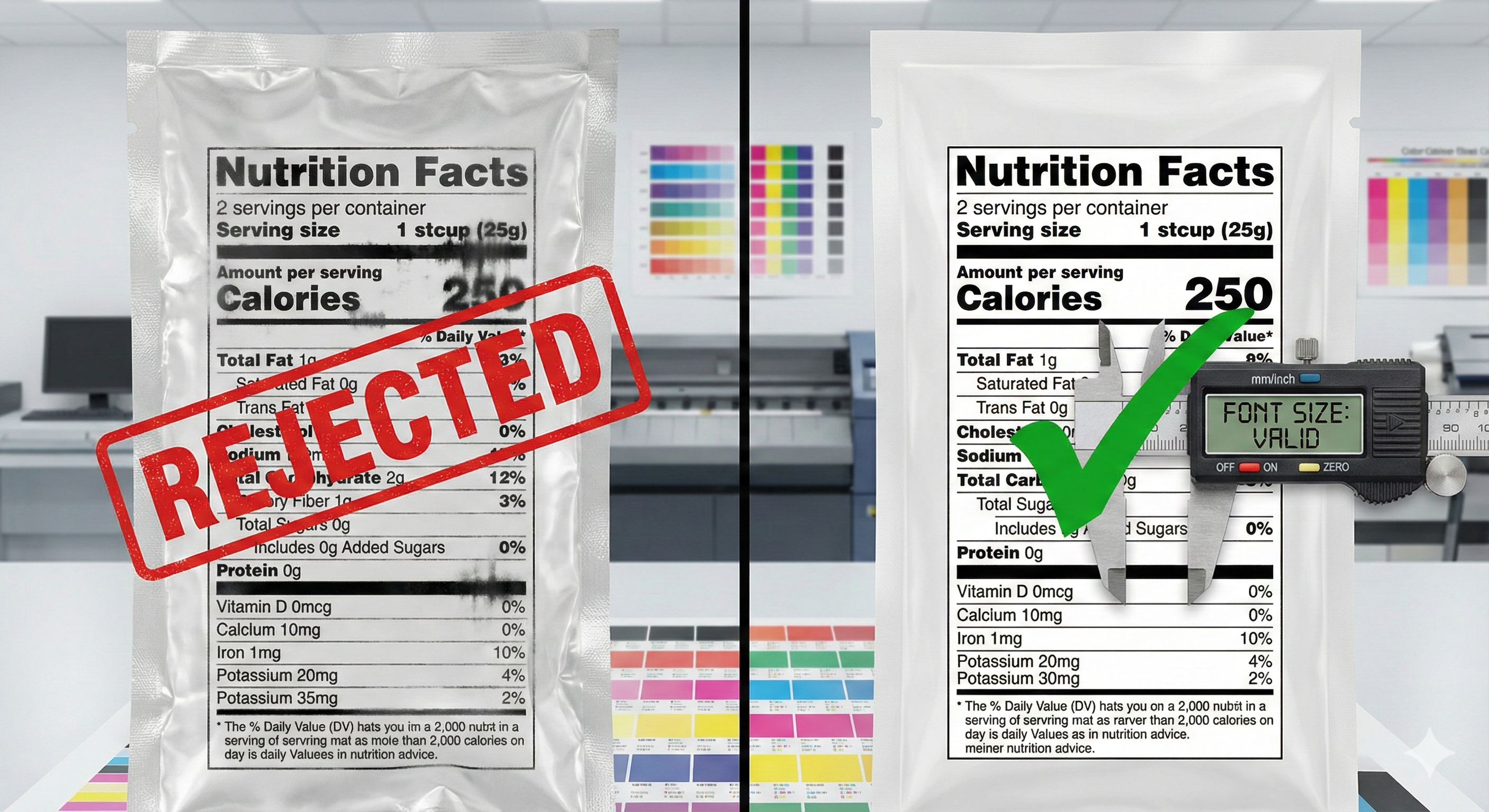 Comparación de etiqueta nutricional incorrecta y corregida en envase flexible, destacando validación de tamaño de fuente y legibilidad según normativas de información nutricional – Padilla S.A. Normativa NORDOM 53 y FDA