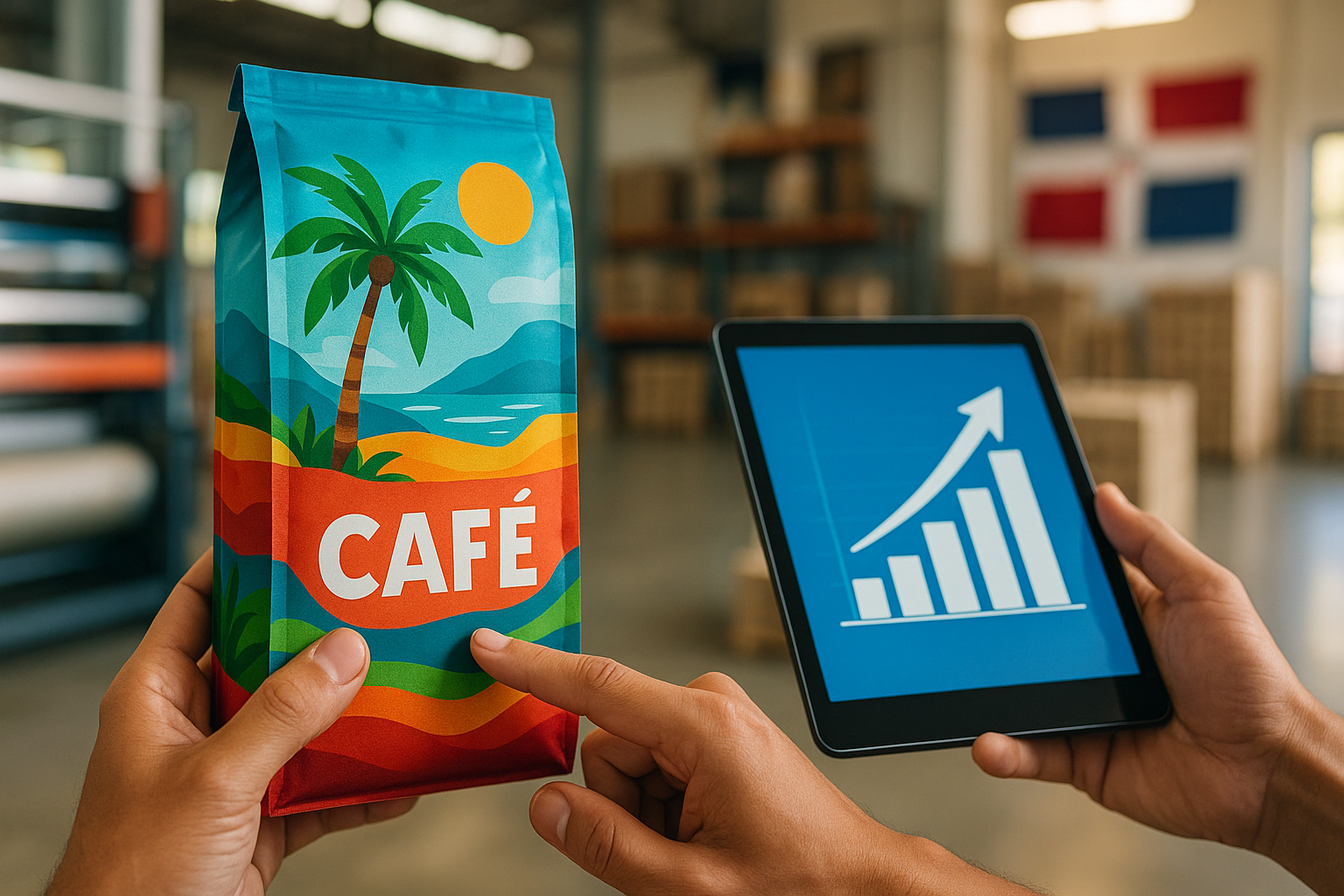 Primer plano de una mano sosteniendo un empaque de café con diseño colorido y tropical que muestra un paisaje caribeño con palmera, sol y mar. Otra mano sostiene una tableta digital con una gráfica ascendente que simboliza crecimiento y éxito en ventas. Al fondo se distingue una bodega industrial con la bandera de República Dominicana.  Packaging inteligente
