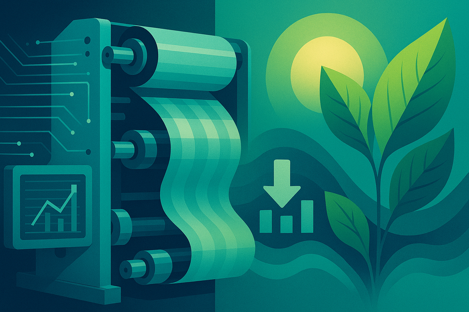 Ilustración conceptual de una máquina de impresión junto a un gráfico digital en pantalla, fusionada con elementos naturales como hojas verdes y un sol. La composición simboliza la unión entre tecnología, sostenibilidad y reducción de impacto ambiental en procesos de producción. Packaging inteligente