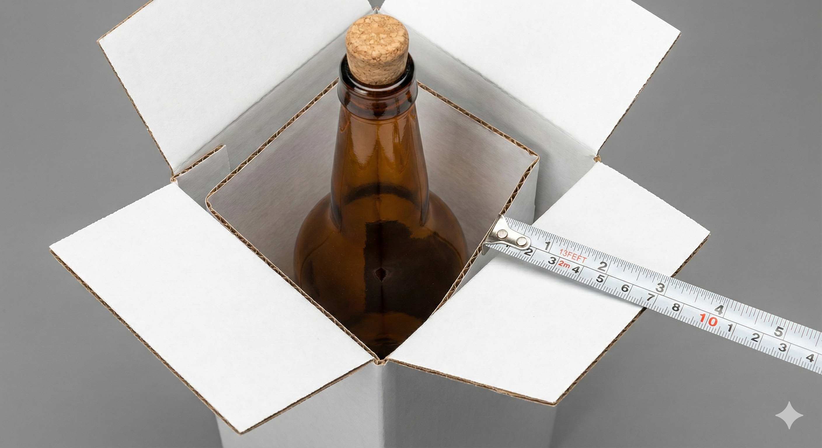Botella de vidrio colocada dentro de caja de cartón corrugado abierta, con medición de dimensiones internas mediante cinta métrica para validar ajuste, protección y tolerancias del empaque – Padilla S.A. Prototipado de Empaques