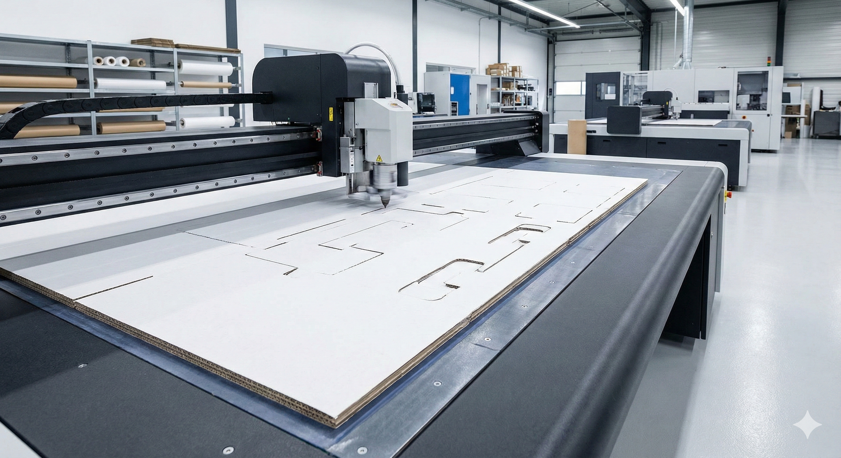 Equipo CNC industrial realizando corte preciso de cartón para troquelado de empaques, mostrando proceso automatizado de fabricación estructural en planta – Padilla S.A. Prototipado de Empaques