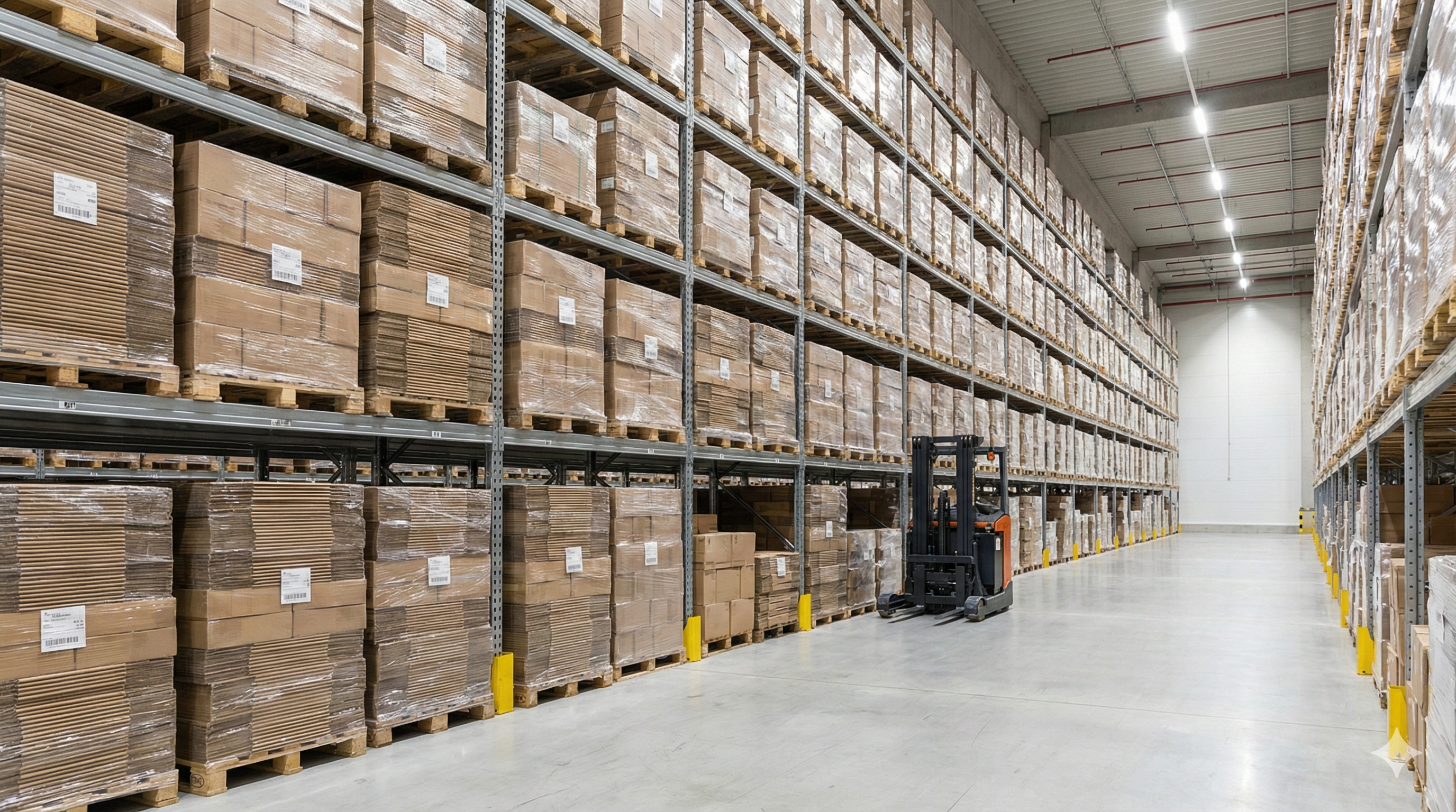 Almacén industrial de gran capacidad con estanterías de alta densidad y pallets de cajas de cartón, optimizado para inventario, trazabilidad y logística de empaques a gran escala – Padilla S.A. Gestión de Inventario