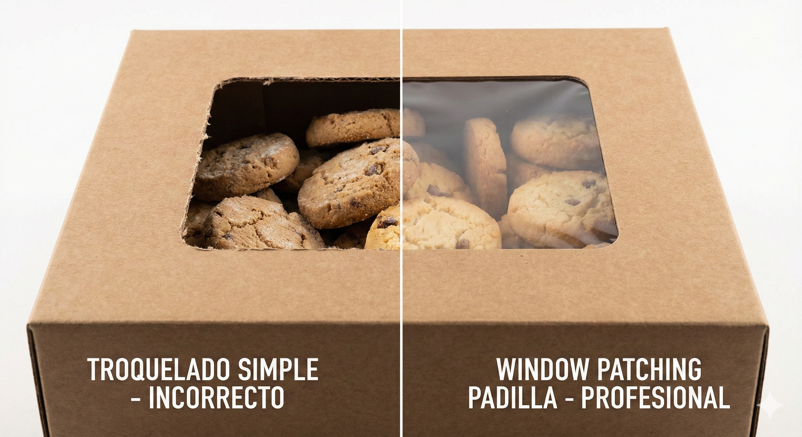 Comparación entre troquelado simple sin ventana y empaque con window patching profesional, mostrando diferencias en acabado, protección del producto y presentación visual en cajas de cartón para alimentos – Padilla S.A. Cajas con Ventana