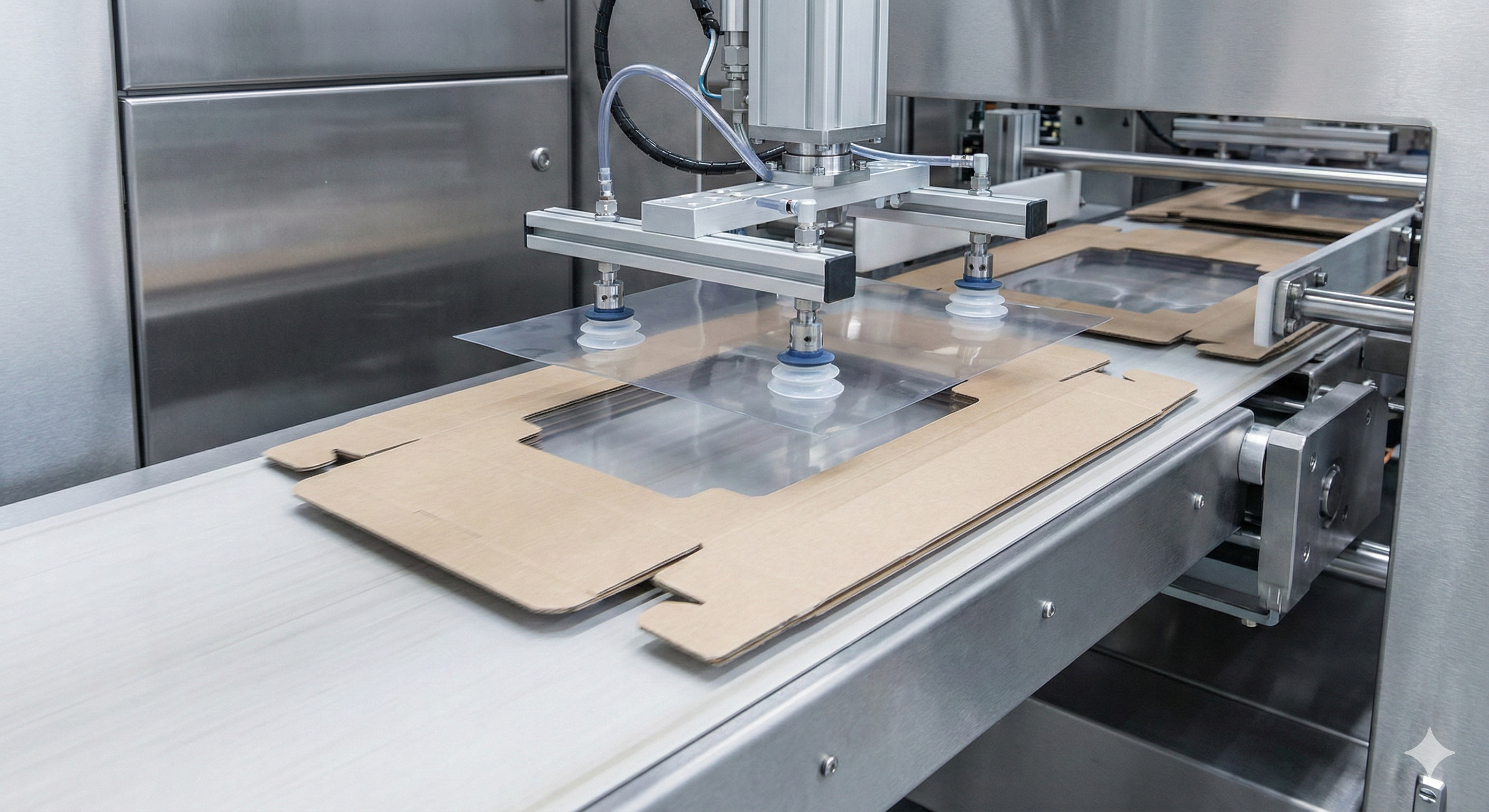 Máquina industrial de window patching aplicando película transparente sobre cartón troquelado, mostrando proceso automatizado de colocación de ventanas plásticas en empaques – Padilla S.A. Cajas con Ventana