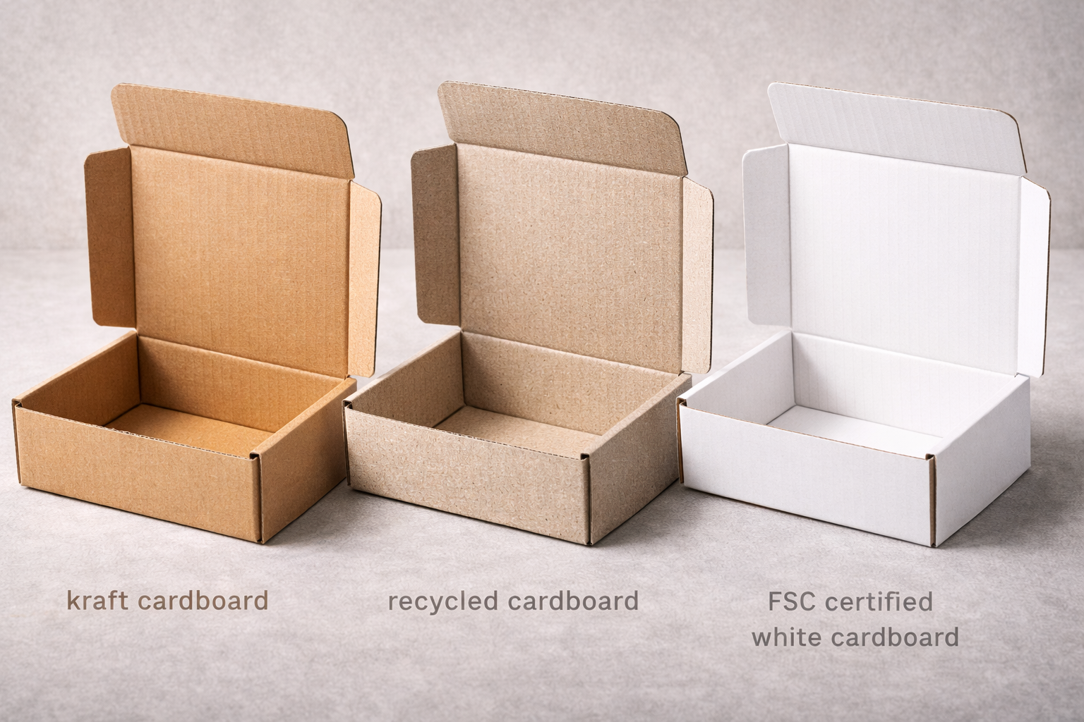 Comparación visual de cajas abiertas en cartón kraft, cartón reciclado y cartón blanco certificado FSC, mostrando diferencias de material, textura y acabado estructural. Empaques Sostenibles