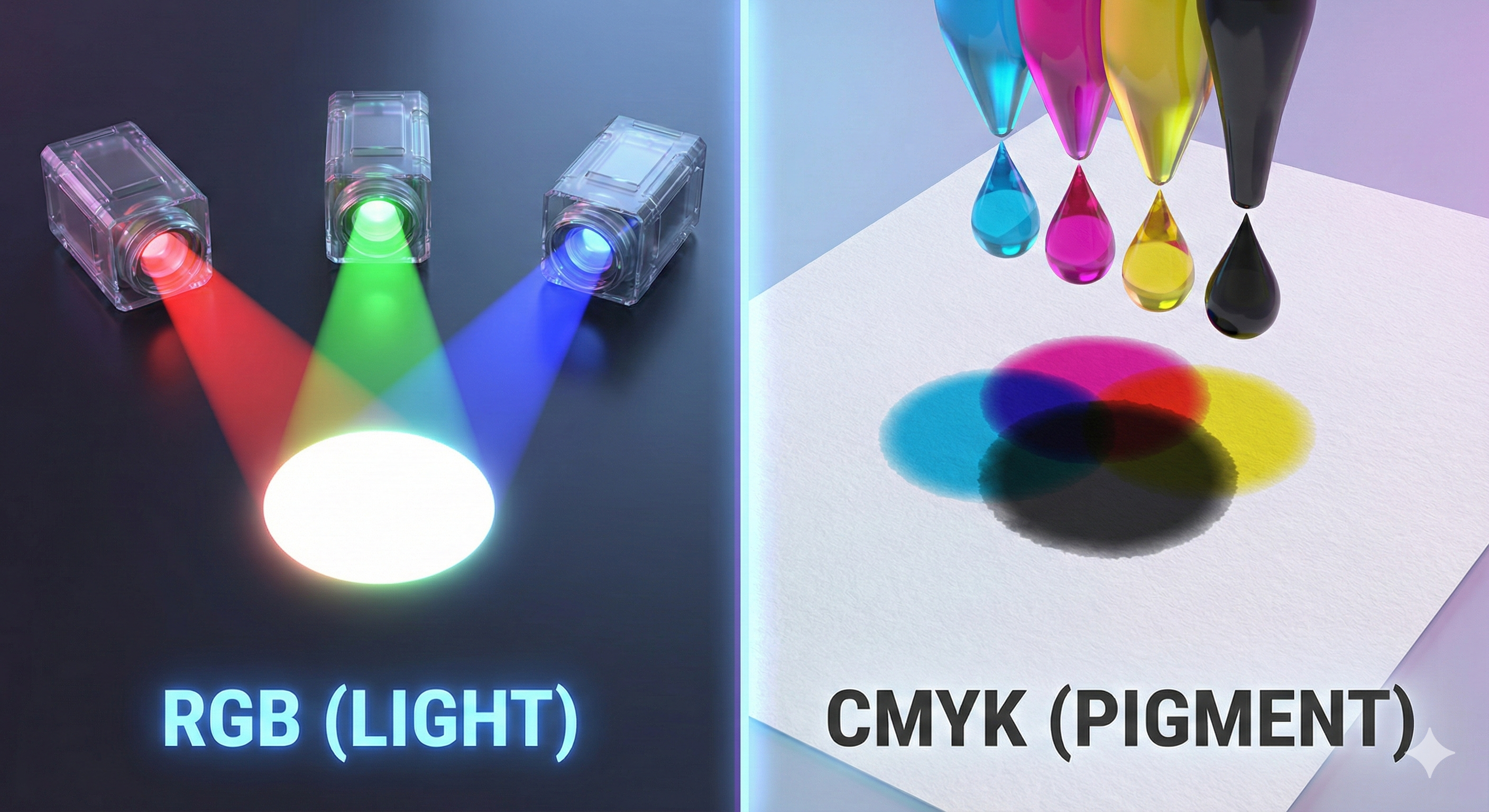Comparación visual entre el modelo de color RGB basado en luz y el modelo CMYK basado en pigmentos, mostrando la mezcla de colores en pantallas digitales frente a impresión gráfica – Padilla S.A. Guía de Pre-Prensa