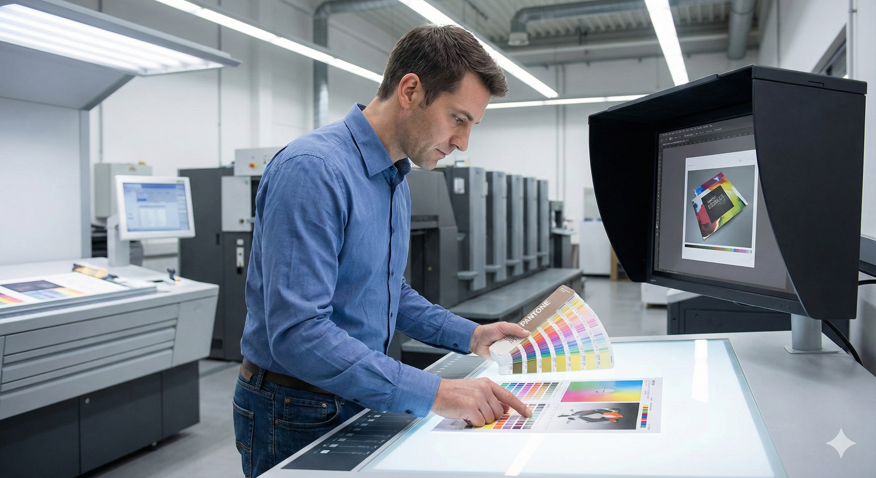 Técnico en planta de impresión industrial realizando control de color con guía Pantone sobre mesa de luz, ajustando fidelidad cromática antes de impresión offset – Padilla S.A. Guía de Pre-Prensa