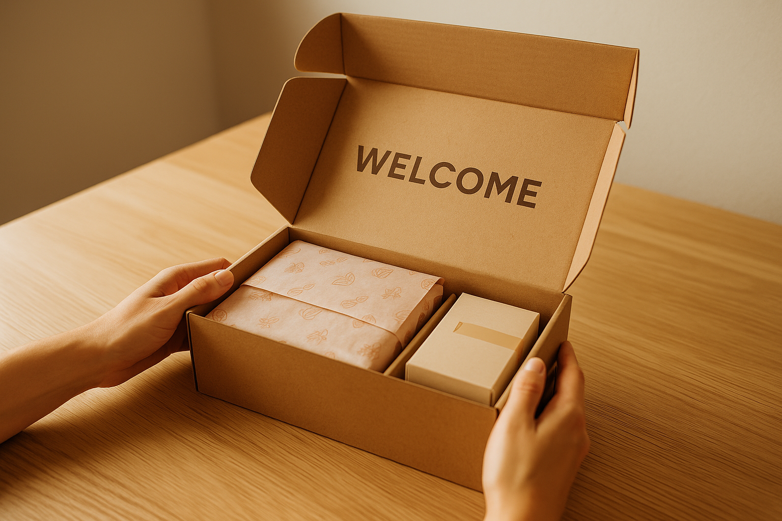 Manos abriendo una caja de cartón Manos abriendo una caja de cartón personalizada sobre una mesa de madera clara. El interior muestra papel de seda decorado, un producto bien acomodado y un mensaje de bienvenida impreso en la tapa interior. La escena transmite calidez, cuidado y una experiencia de unboxing premium.