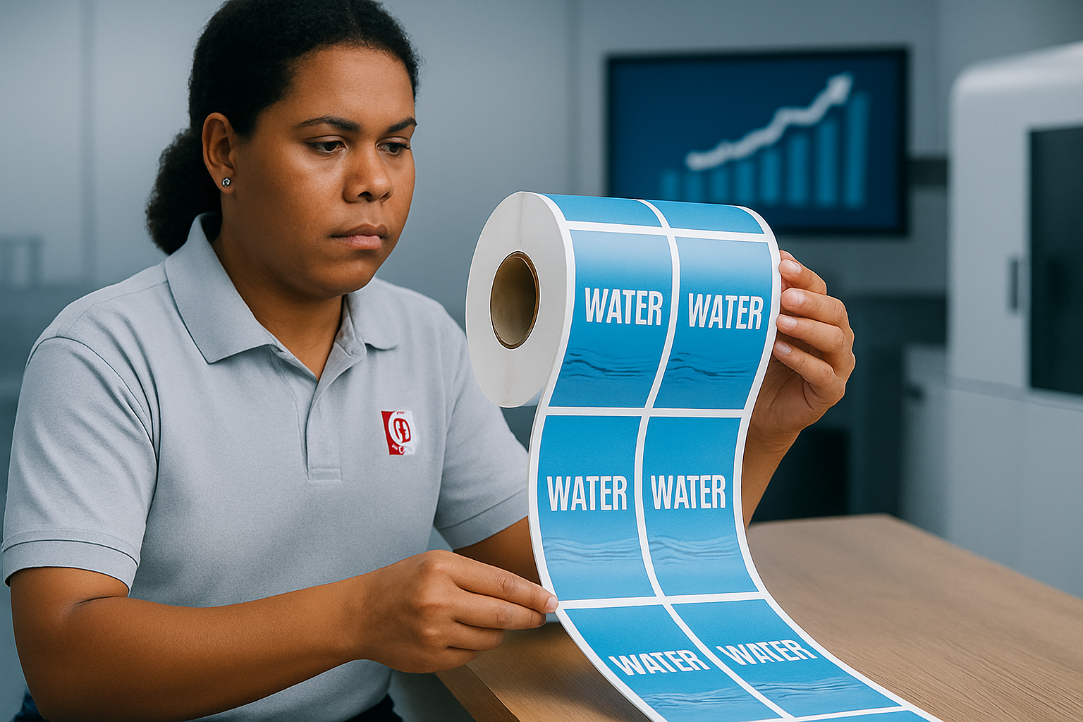 dominicana-revisando-impresión Un plano medio de un técnico o técnica de impresión, vistiendo uniforme de trabajo, que inspecciona con atención un rollo de etiquetas recién impresas para botellas de agua