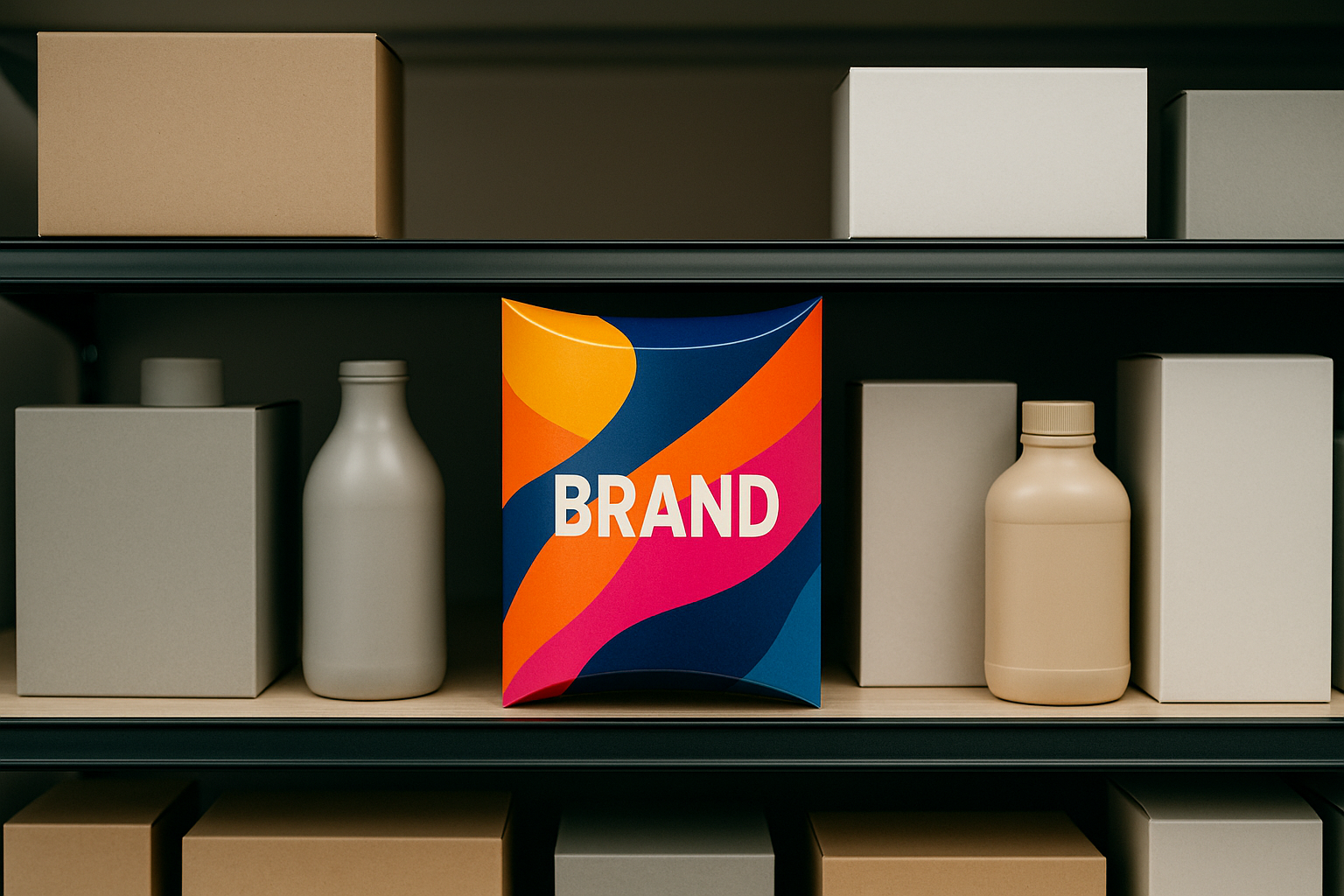 Estante de supermercado Estante de supermercado con productos genéricos de colores neutros y formas simples. Al centro, destaca un empaque personalizado de colores vibrantes con la palabra 'BRAND', en forma curva y acabado brillante. La imagen resalta cómo el diseño atractivo sobresale en un entorno saturado.