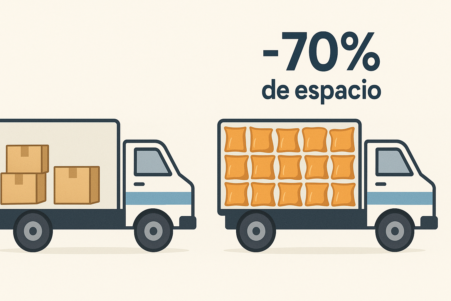 Una infografía visualmente clara. A la izquierda, muestra una ilustración de un camión de transporte lleno con pocas cajas de producto terminado en empaques rígidos. A la derecha, el mismo camión lleno con muchas más unidades del mismo producto en empaques flexibles, con un texto grande que dice '-70% de espacio'. La imagen debe comunicar eficiencia de un solo vistazo