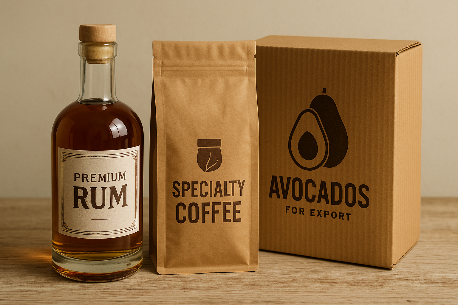 empaques-impresos-premium Una composición de bodegón comercial sobre una superficie de madera rústica y clara. En el centro, una botella de ron premium con una etiqueta de papel texturizado, al lado una bolsa de café de especialidad con acabado mate y colores tierra, y una caja de cartón corrugado impresa con un logo para exportación de aguacates