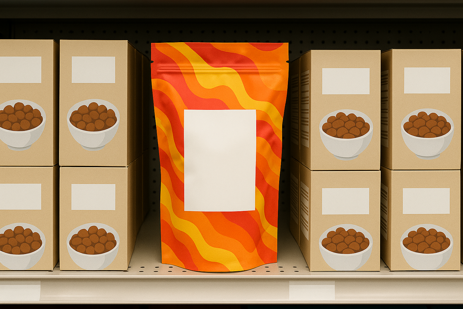 Una fotografía de un anaquel de supermercado real. El foco está puesto en un producto en un 'stand-up pouch' (bolsa que se para sola) con impresión vibrante que ocupa toda la superficie. A su lado, productos competidores en cajas tradicionales. El empaque flexible debe destacar por su color y forma, atrayendo la mirada del espectador.