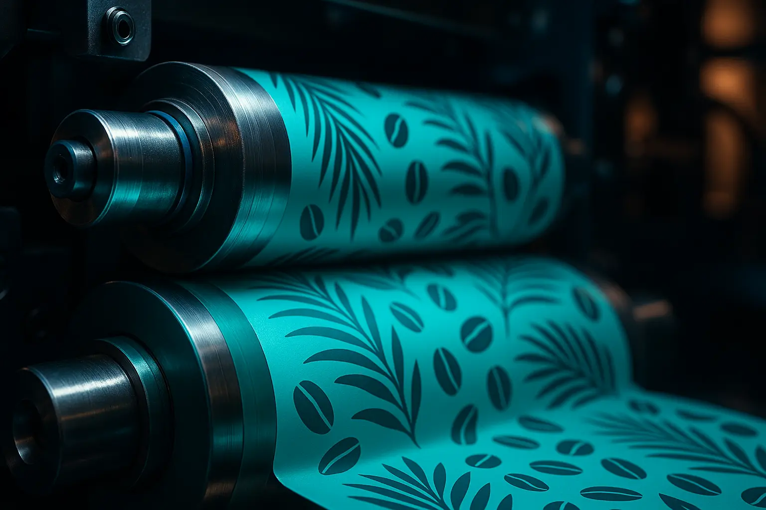 Fotografía macro de una moderna máquina de impresión flexográfica en pleno funcionamiento Fotografía macro de una moderna máquina de impresión flexográfica en pleno funcionamiento