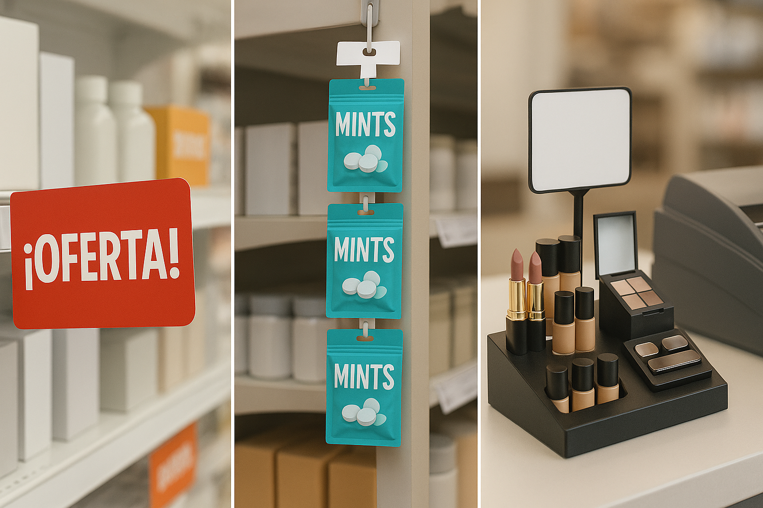 montaje fotográficos de productos pop Un montaje fotográfico que muestra diferentes tipos de material POP en acción: a la izquierda, un hablador (shelf talker) con la palabra '¡OFERTA!' sobresaliendo de un estante; en el centro, una tira de impulso (clip strip) colgando verticalmente con bolsas de mentas; a la derecha, un pequeño y elegante exhibidor de mostrador con cosméticos junto a una caja registradora