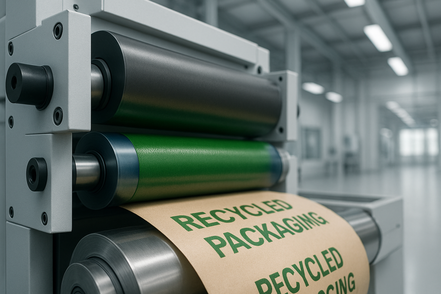 Máquina industrial de impresión flexográfica en una planta moderna, imprimiendo sobre papel kraft el texto 'Recycled Packaging' en color verde. Empaques sostenibles