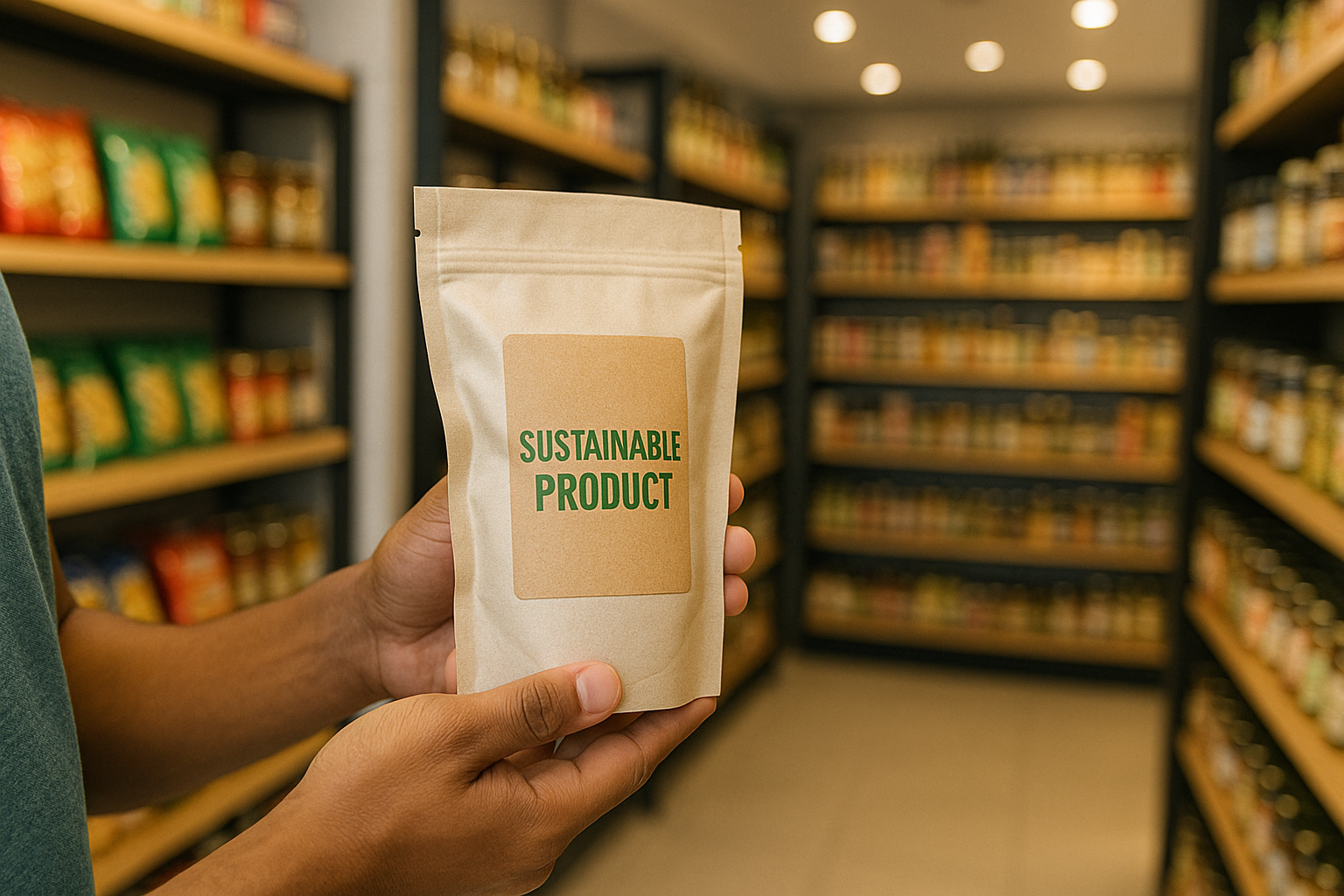 Persona sosteniendo un empaque de papel kraft con la etiqueta 'Sustainable Product' en letras verdes, dentro de un pasillo de supermercado con estantes llenos de productos. Empaques sostenibles