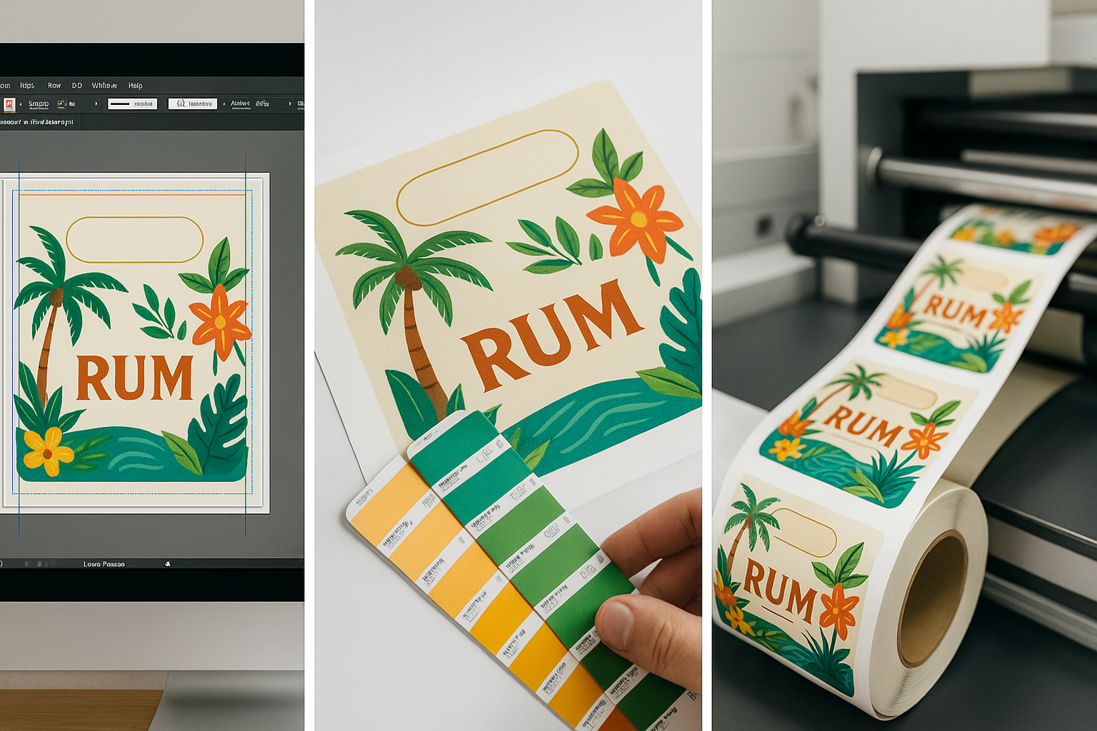 Proceso de diseño e impresión de etiquetas para ron: a la izquierda, diseño digital en computadora; en el centro, prueba de color comparada con guía Pantone; a la derecha, rollo de etiquetas impresas con ilustraciones tropicales de palmeras y flores. Control de calidad