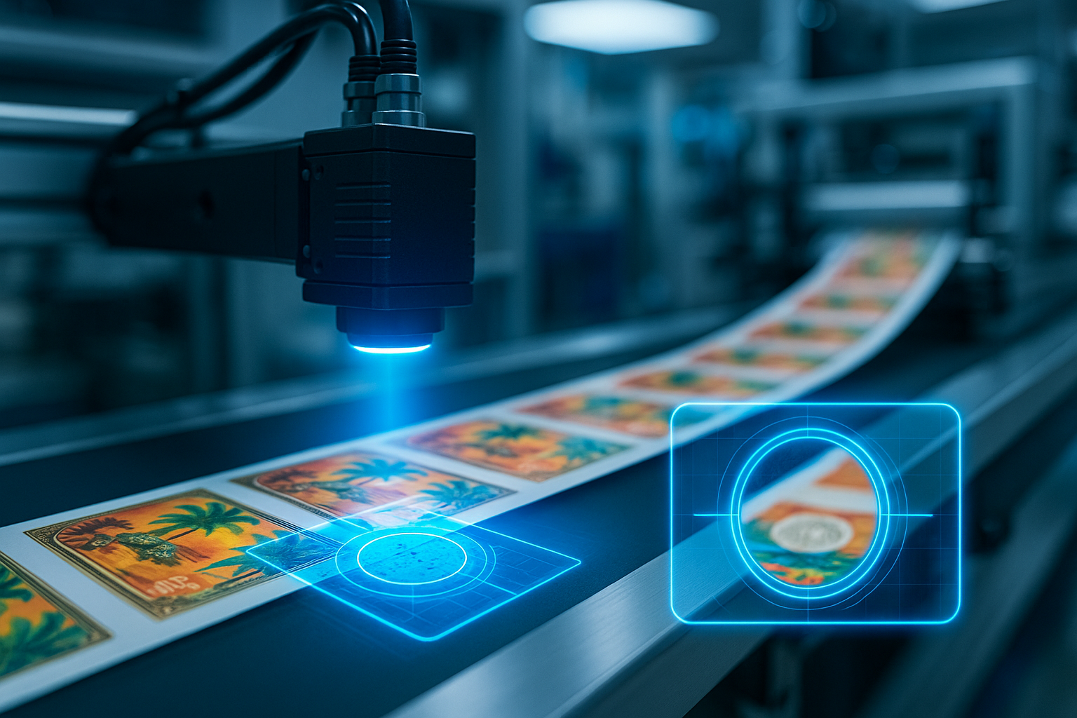 Sistema de visión artificial con luz azul inspeccionando etiquetas de ron en una línea de producción automatizada, con interfaz holográfica simulada para control de calidad. Control de calidad