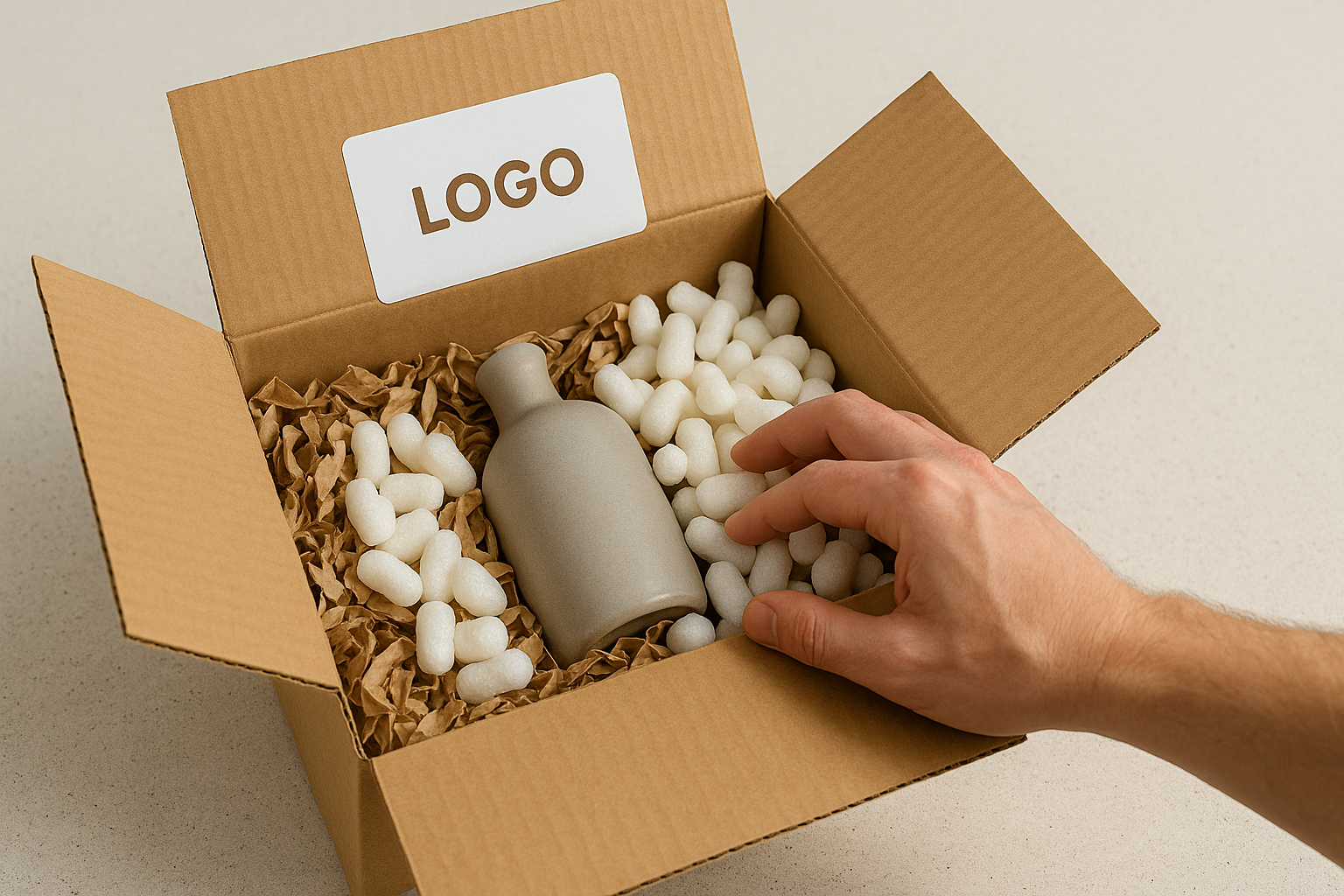 Caja de cartón abierta con logotipo en la tapa, rellena de virutas de papel y protectores de espuma. En el interior hay una botella de cerámica gris y una mano alcanzando para tomarla.